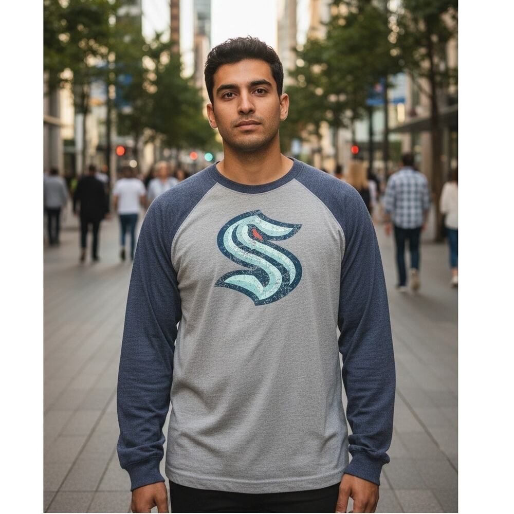 KRACKEN SEATTLE NHL Men's New Long Sleeve Gray & Blue Tee - Size: XL SCORE BIG!!